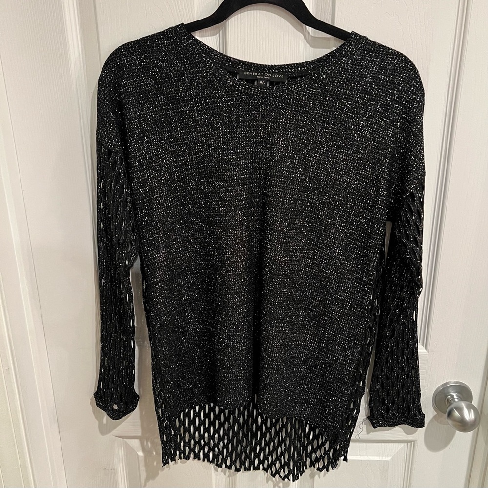 Generation Love Black Rose Mesh Back Metallic Open Knit long sleeve Top